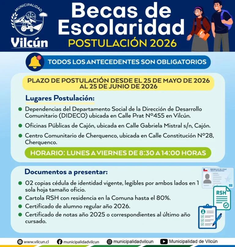 Municipalidad de Vilcún abre proceso de postulación a la Beca de Escolaridad 2026